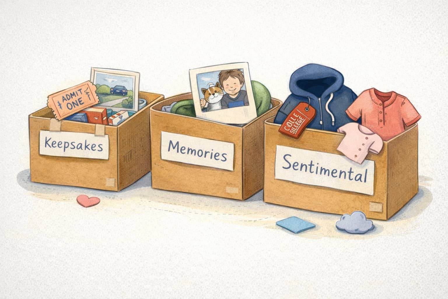 A warm illustration of labeled boxes with small memory icons (ticket stub, photo, hoodie tag), suggesting emotional attachment to belongings.