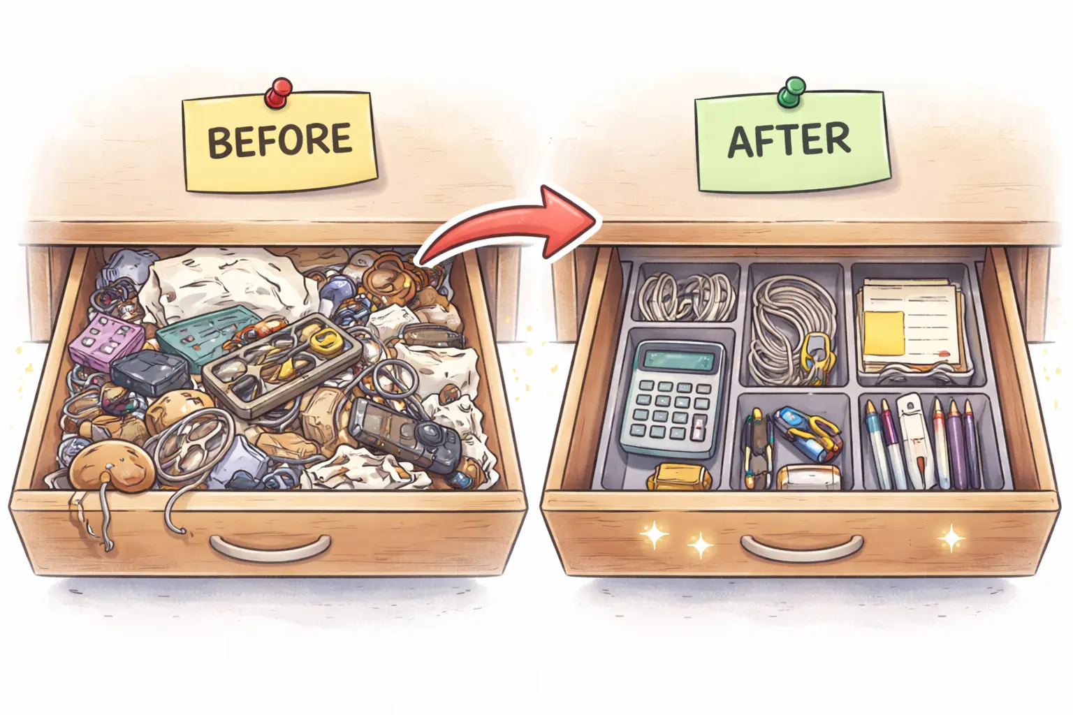 Image showing a small before-and-after decluttering win (one drawer cleared).
