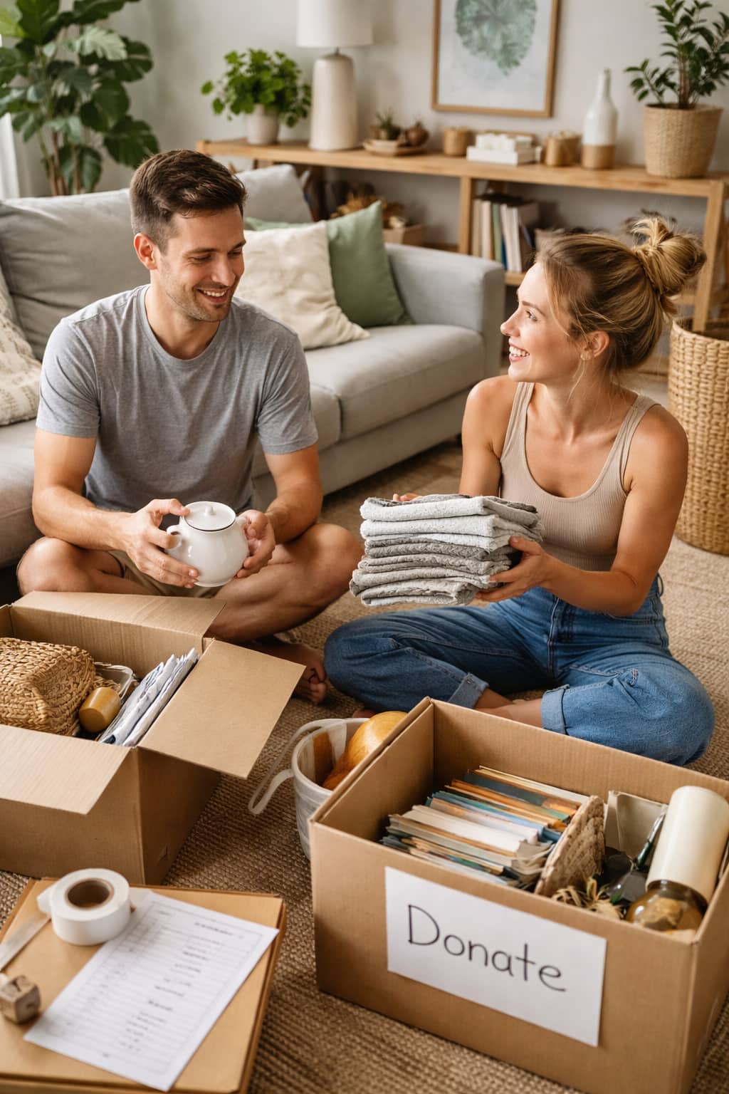 A calm, minimalist home office illustration with a single plant, a clear desk, and plenty of open space.