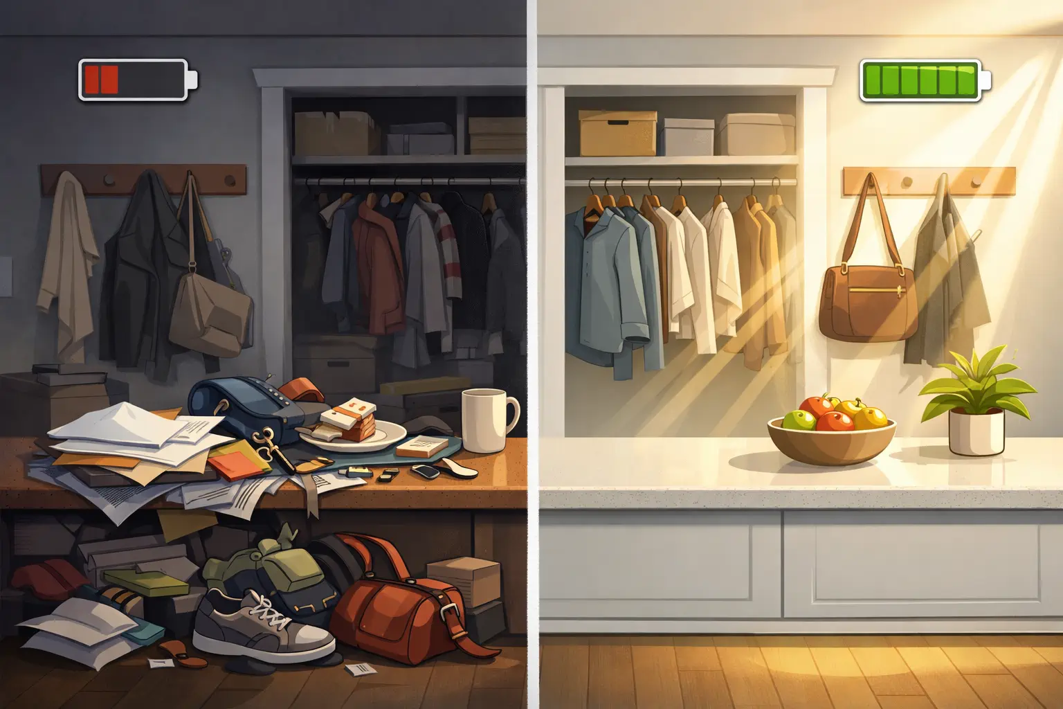 Illustration: a cluttered room turning into a clear workspace