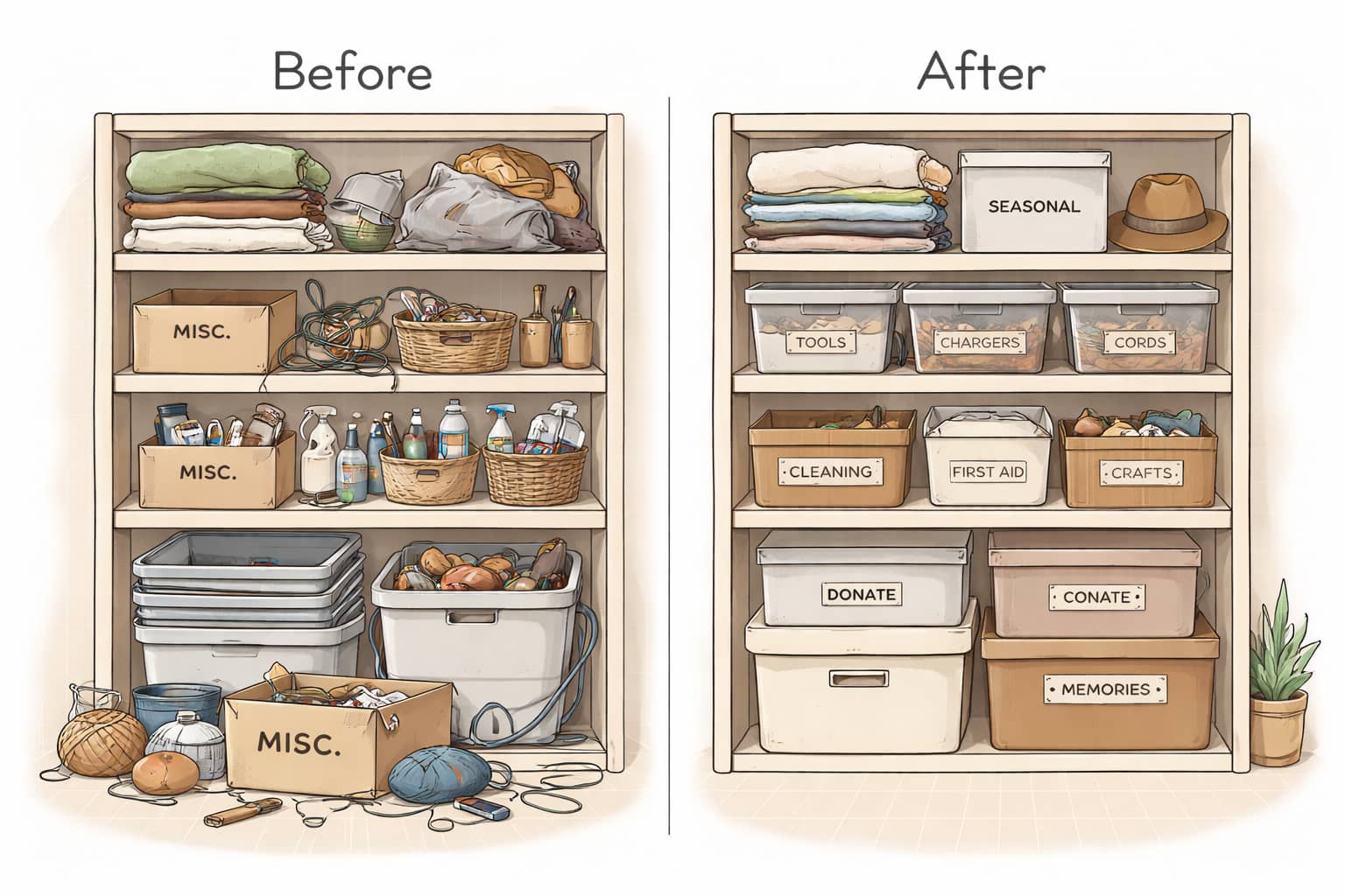 A before-and-after illustration of a shelf: the left side crowded with mixed items, the right side labeled and spaced with fewer objects.