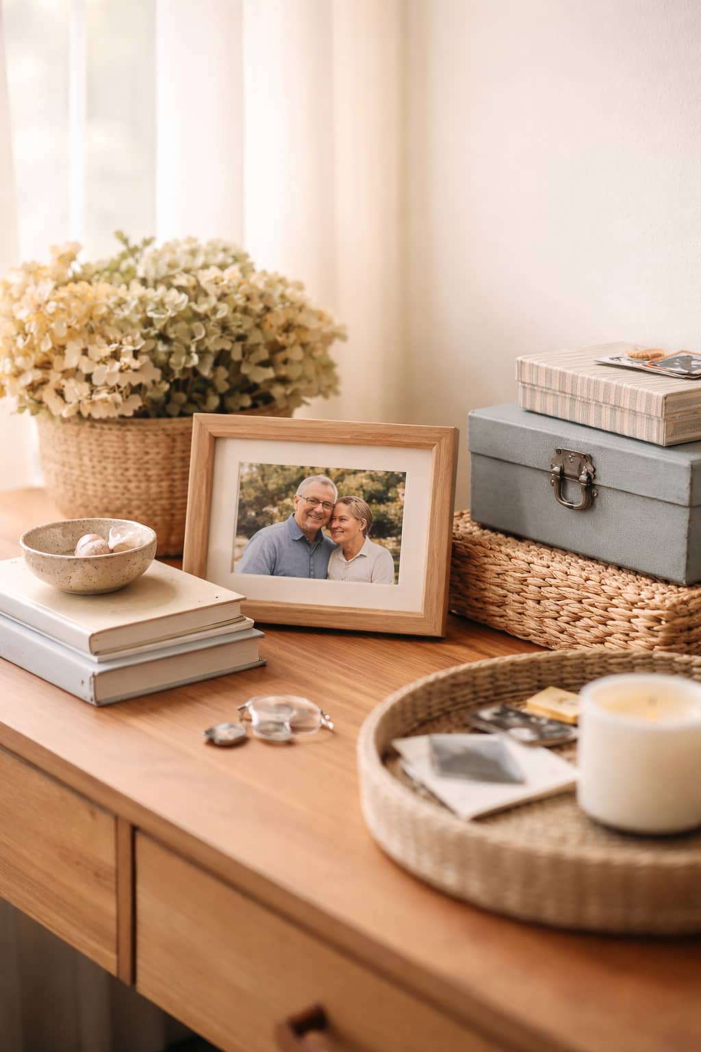 A calm, softly lit shelf with a small photo frame and a few meaningful objects, arranged with space.