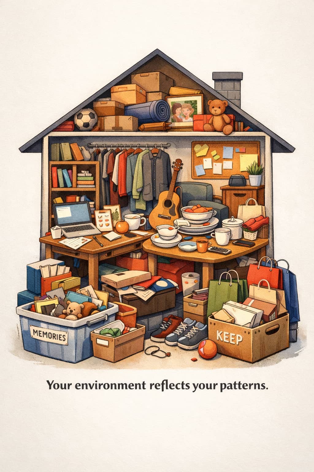 An illustration of a cozy home interior with a few everyday items, suggesting routines and personality.