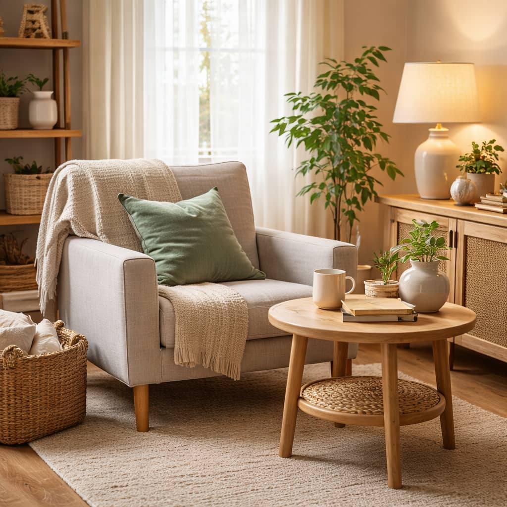 A calm, uncluttered corner of a room with a chair and soft light