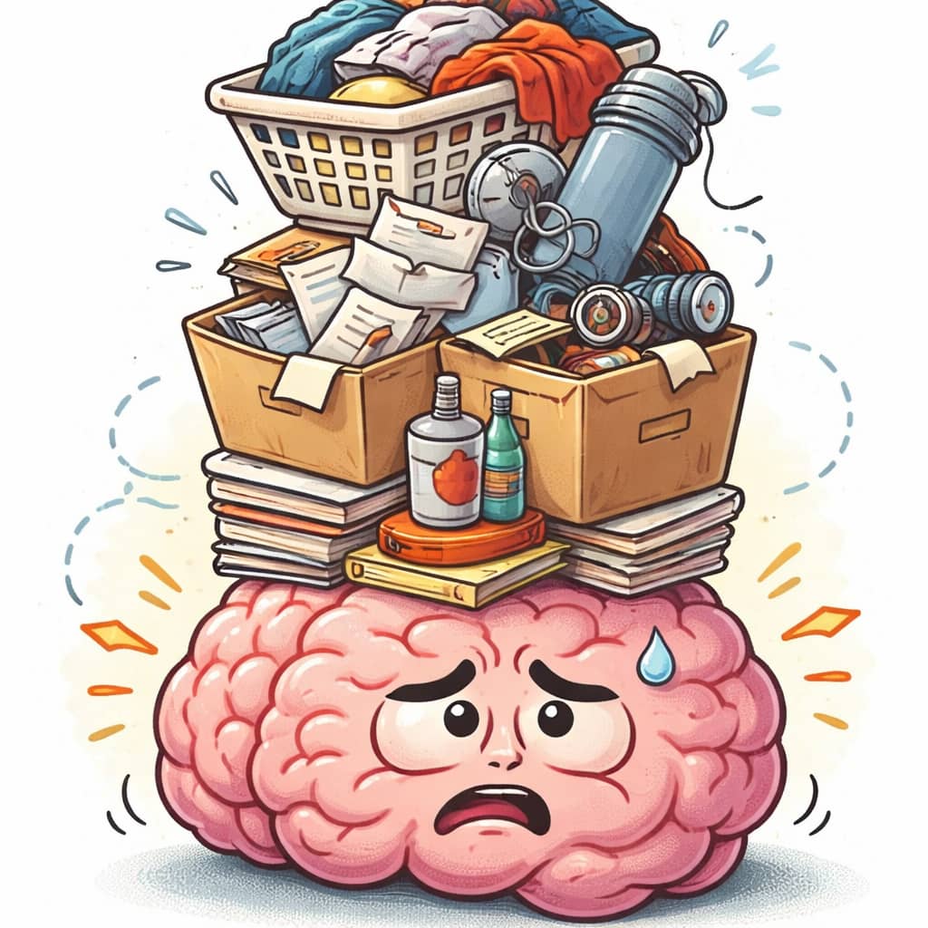 A brain-themed visual with clutter icons stacking up, representing increasing cognitive load.