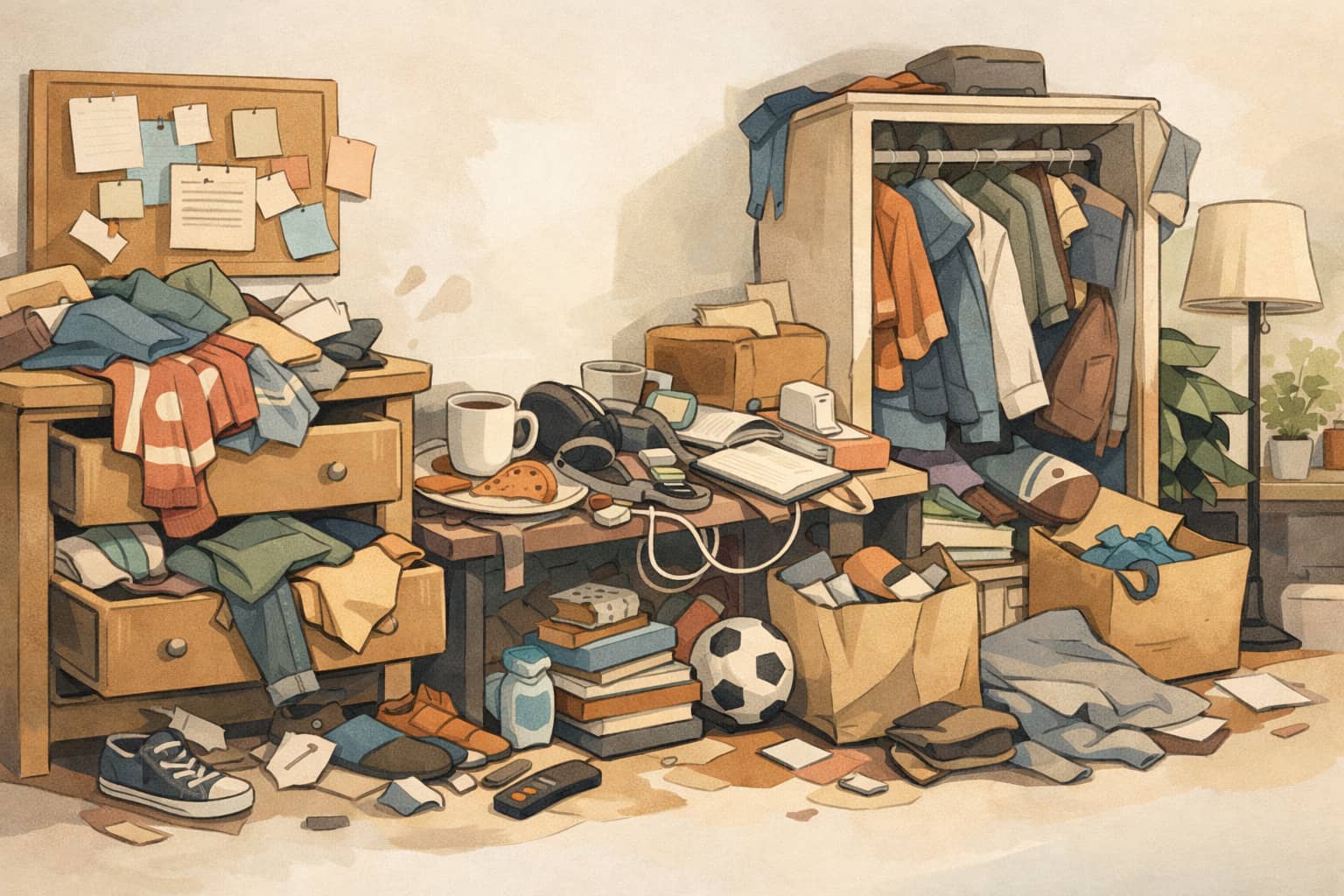 Illustration of a cozy home where one messy corner is quietly spreading into clean spaces