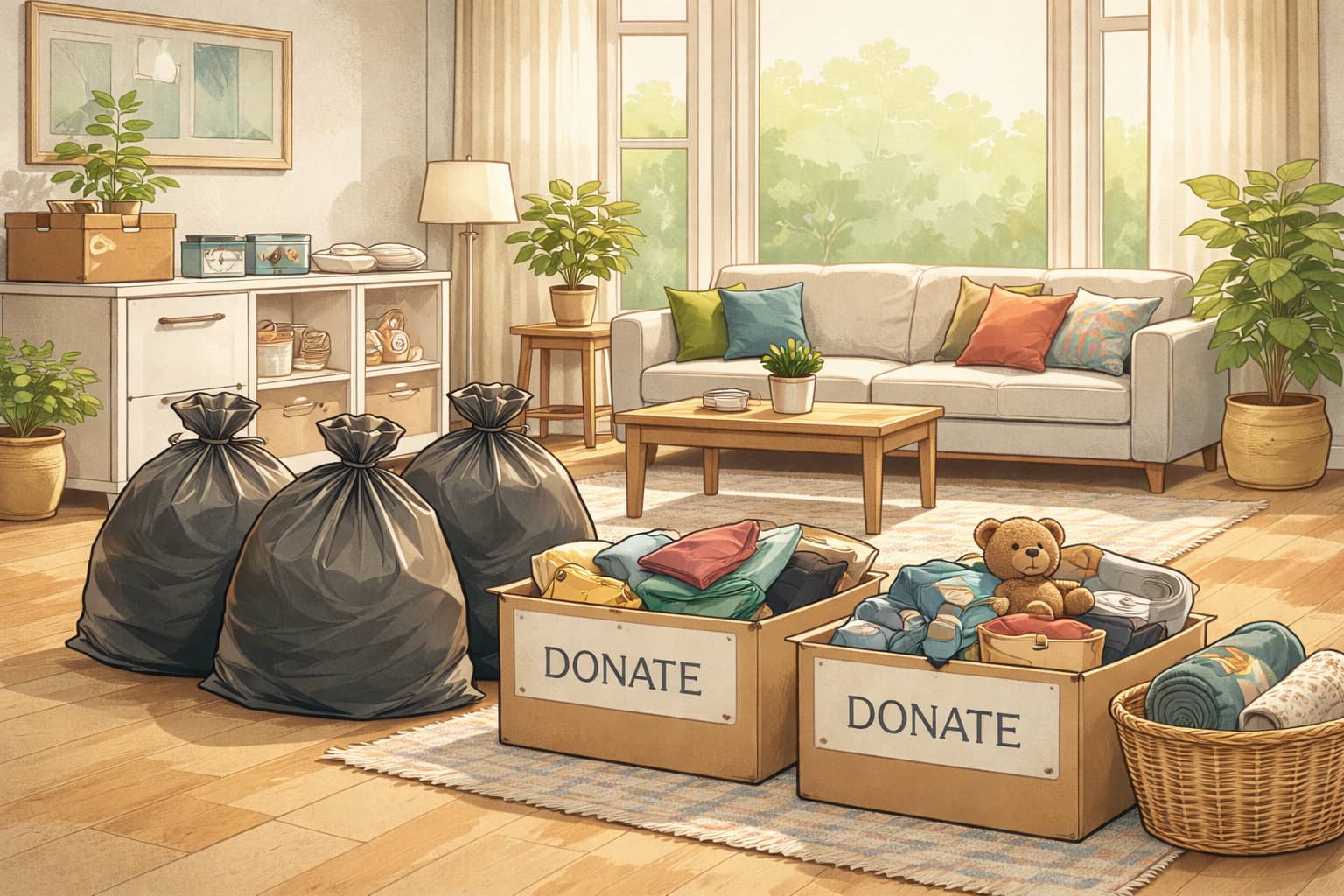 Illustration of donation boxes and a bright, cleared room with open floor space