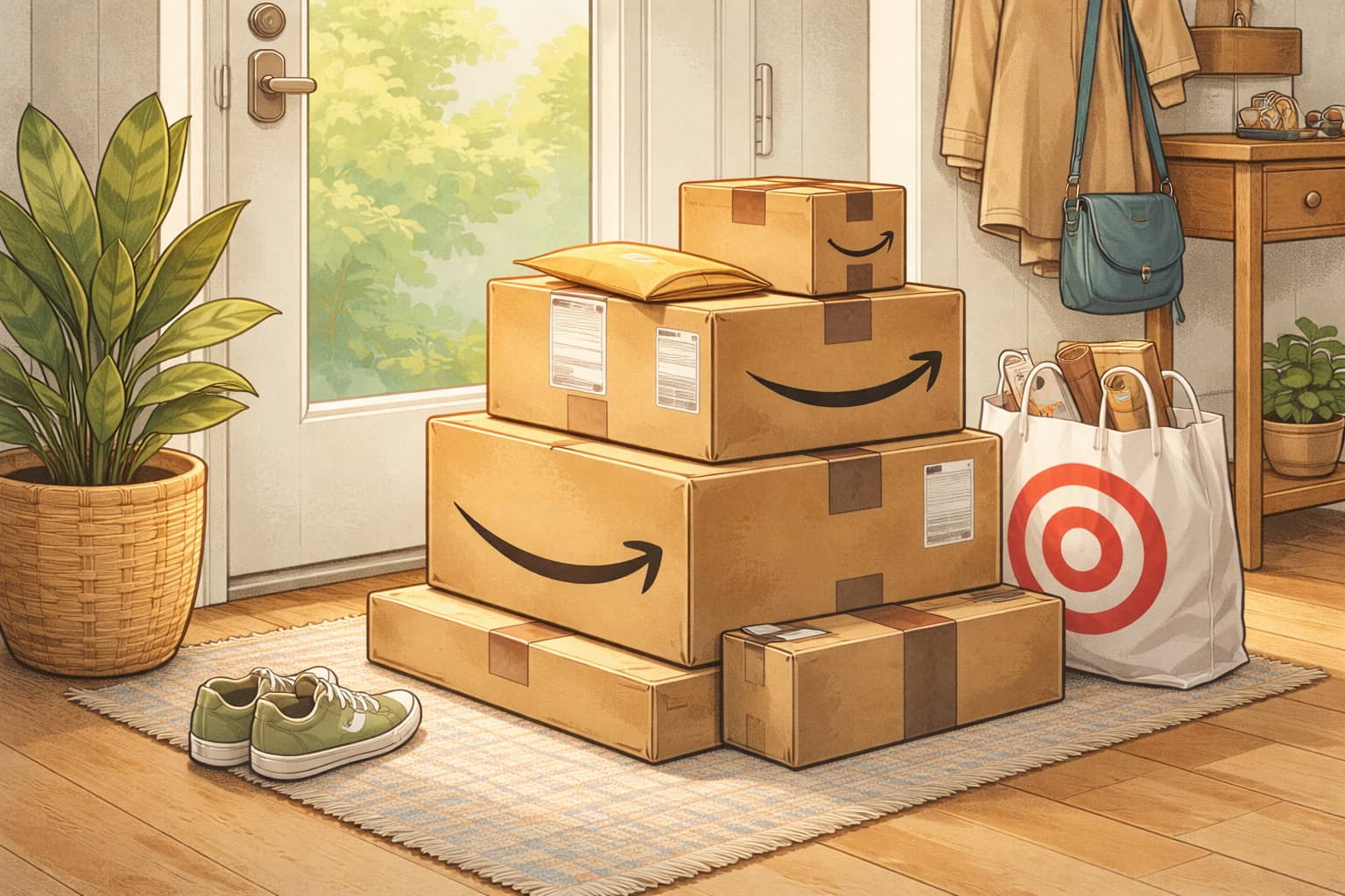 Photo-style image of stacked delivery boxes near a front door