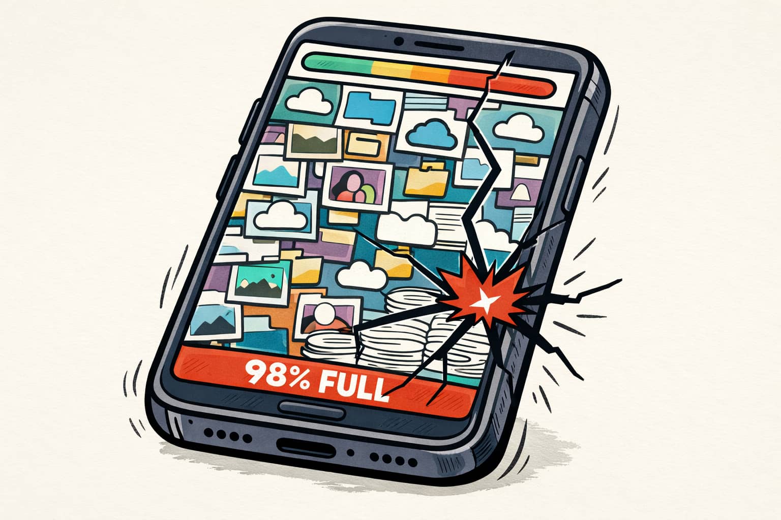 Illustration of a phone screen filling up with files and cracking under pressure
