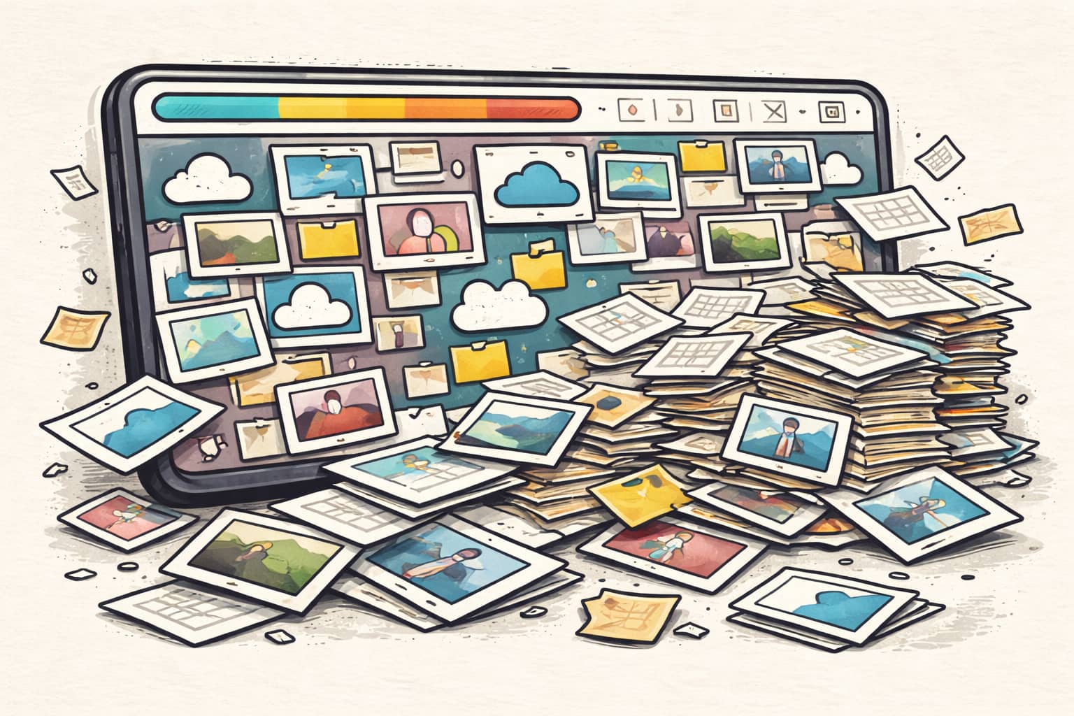Illustration of a messy photo gallery grid overflowing into scattered duplicates