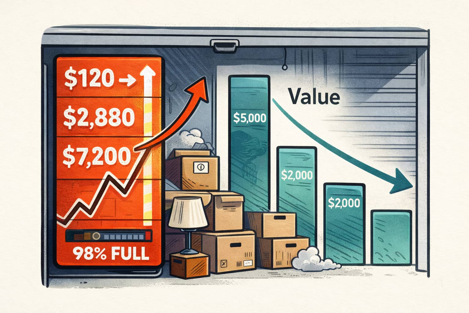Illustration of a storage unit with a rising dollar counter and shrinking value bar