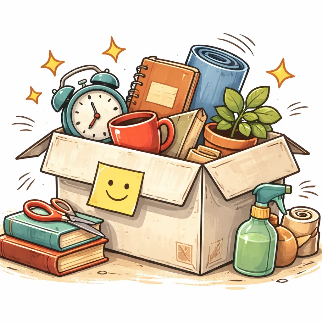 Playful decluttering doodle illustration