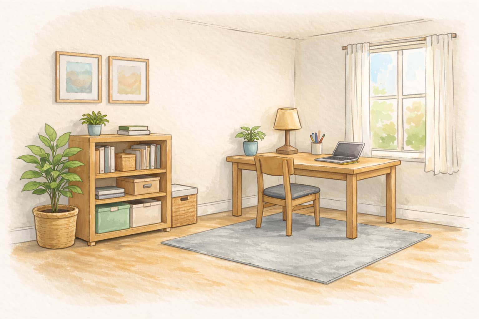 A compact, tidy home office with a desk, chair, and soft daylight.