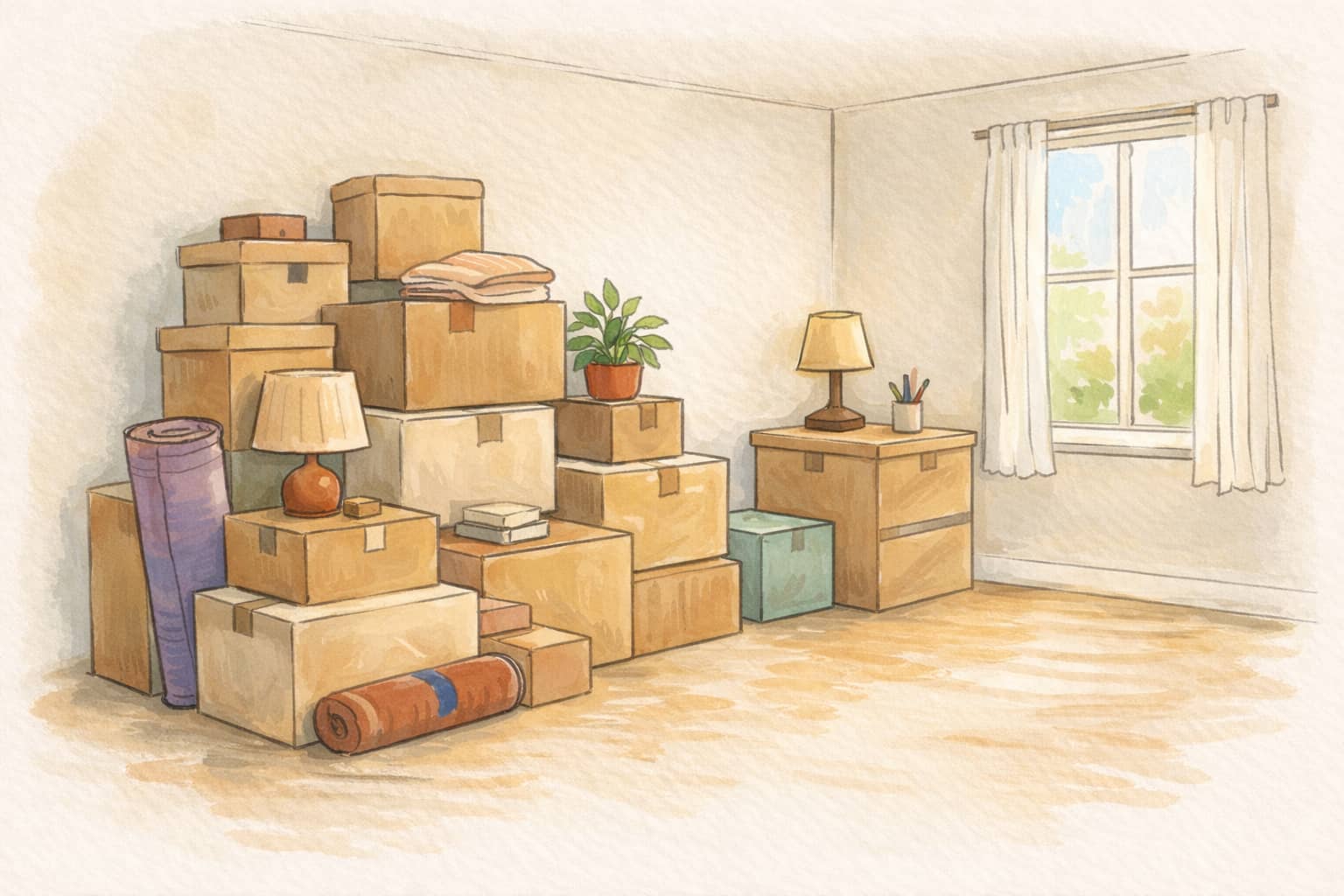 A small room filled with labeled boxes stacked against the walls.