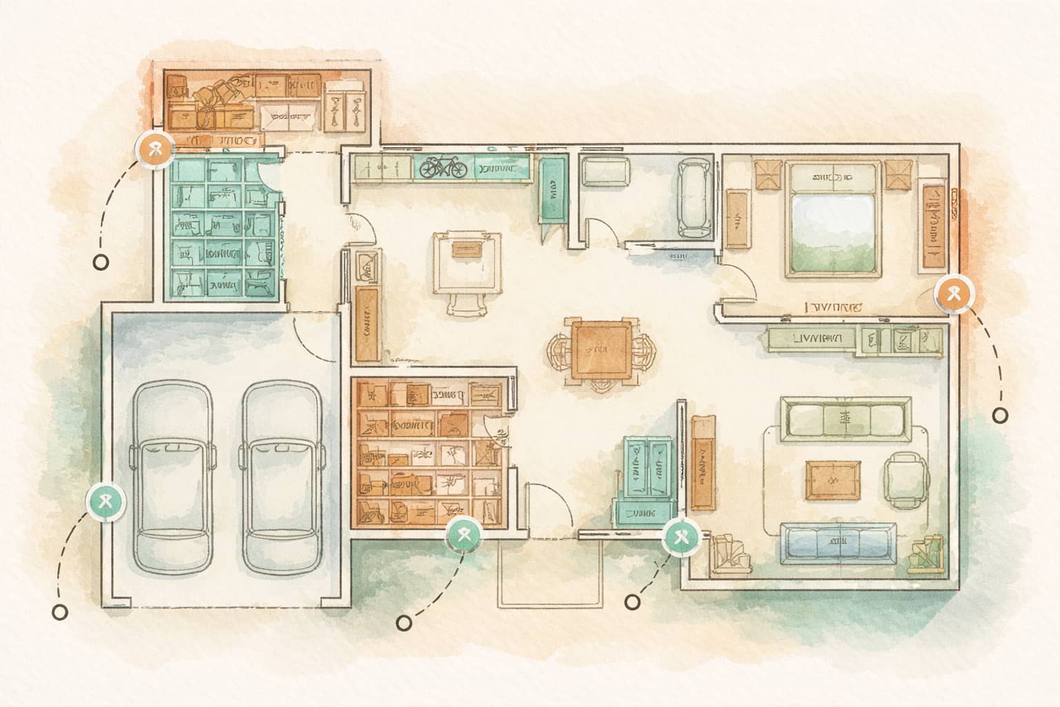 Simplified home floor plan with closets, garage edges, basement storage, and attic marked as storage zones.