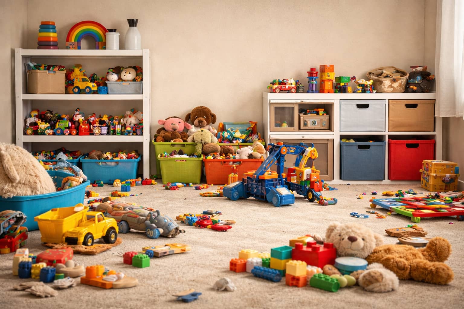 Cluttered play area with toys scattered