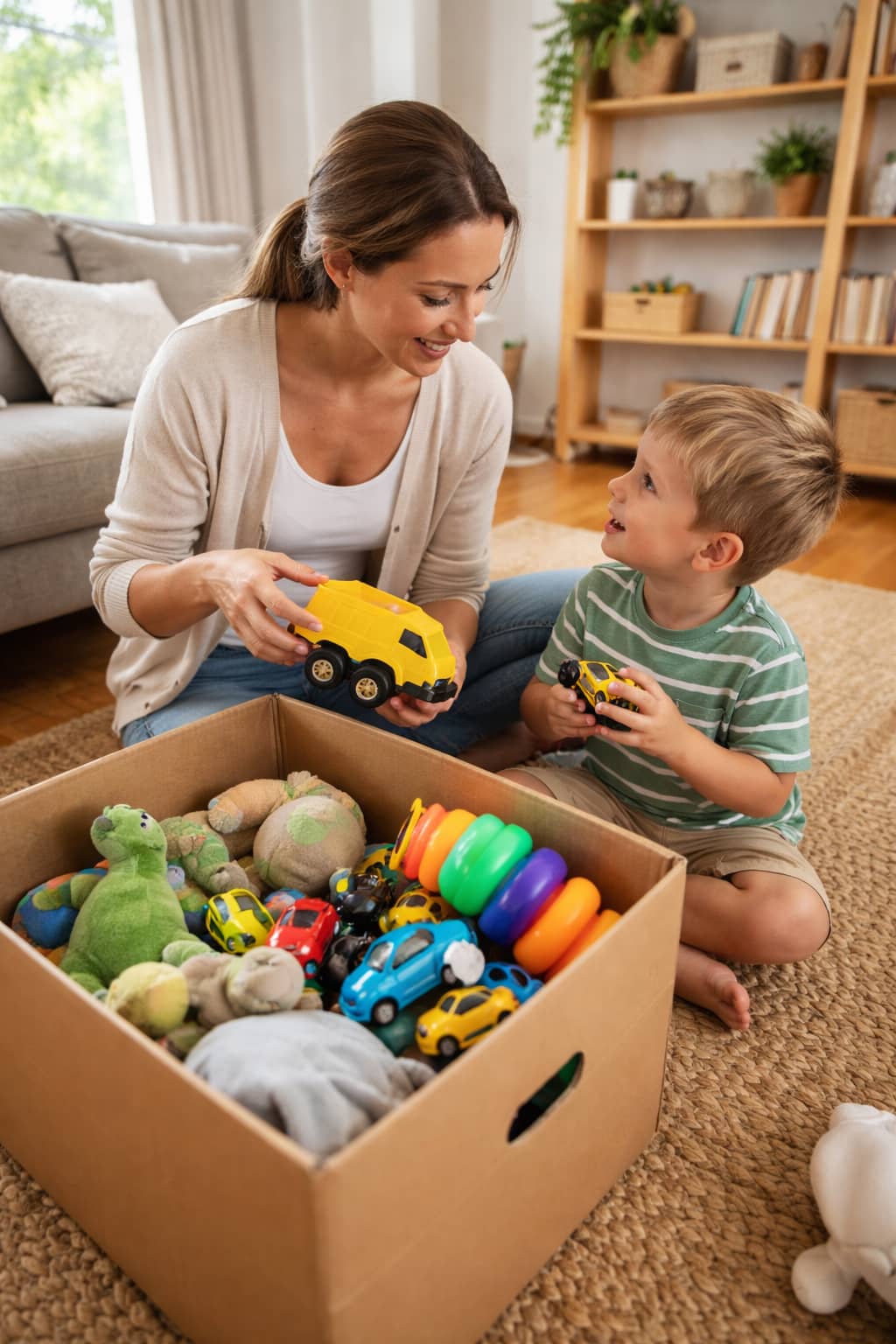 Illustration of a parent placing a portion of toys into a box while a child plays with a smaller, calmer set nearby.