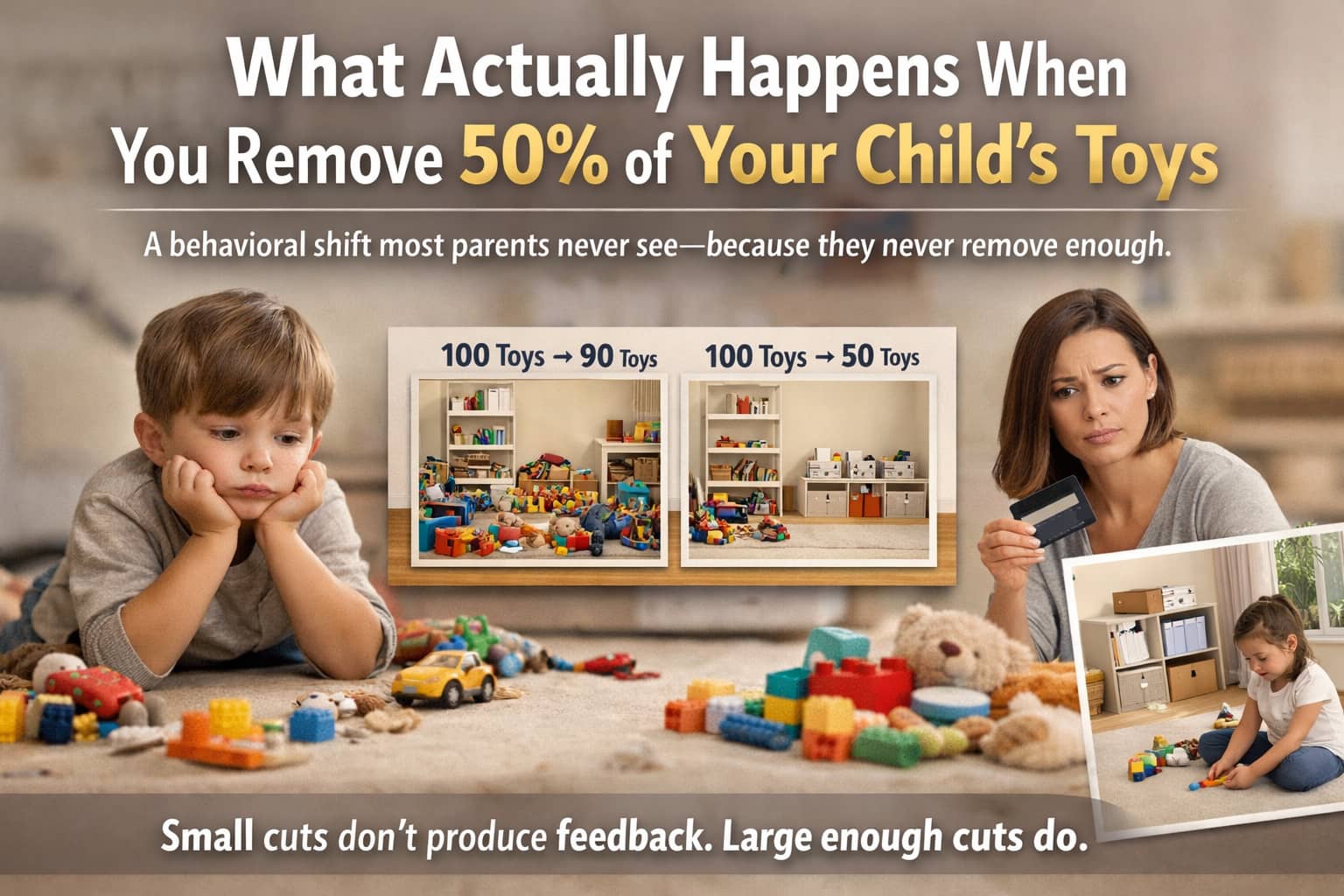 Parent and child in a play space with a simple toy setup