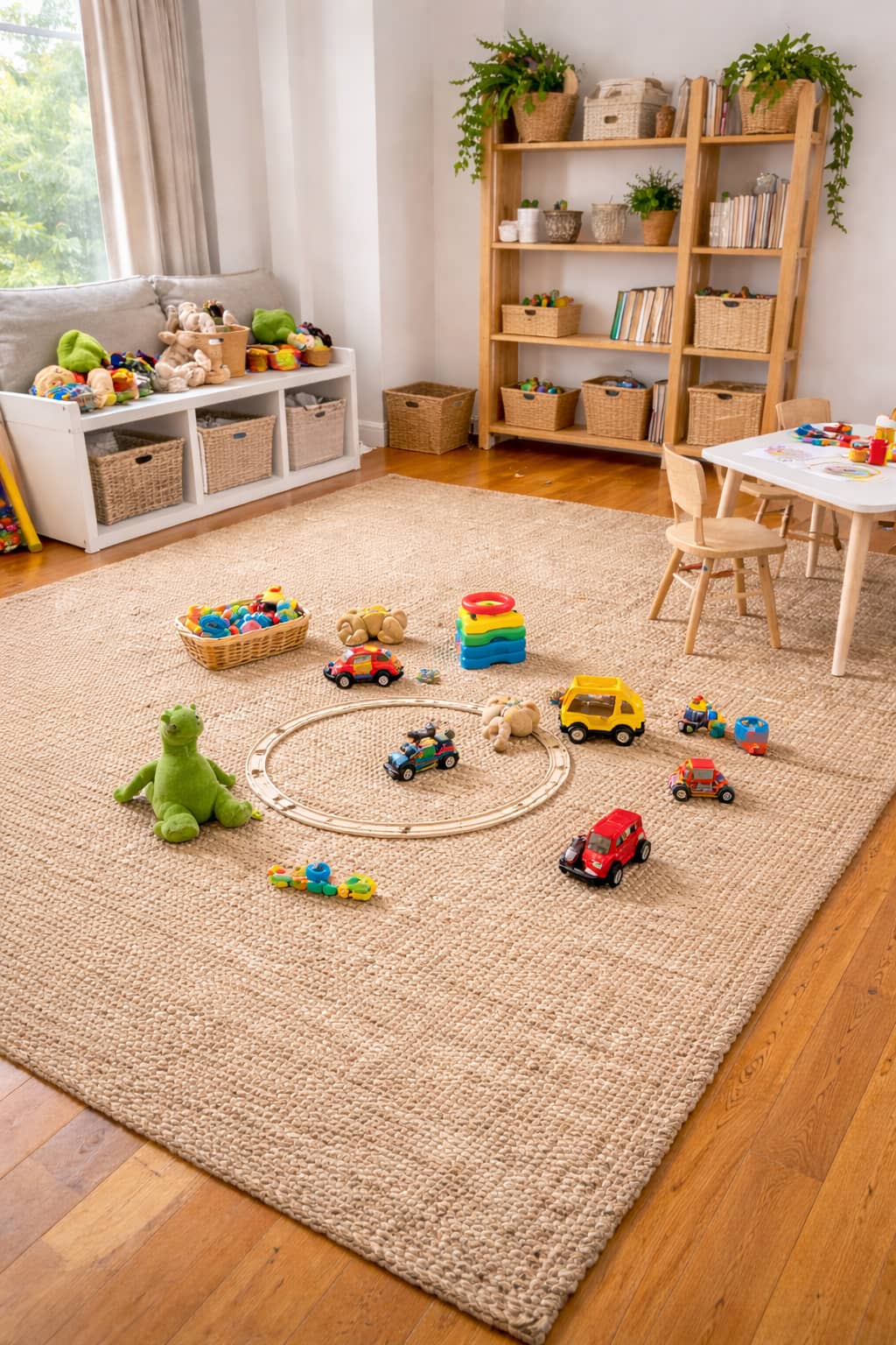 The same playroom with fewer toys out, leaving clear floor space and calmer surfaces.