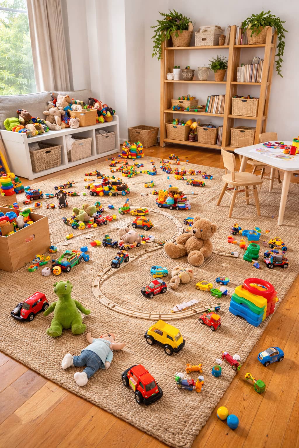 A playroom with many toys spread across the floor and surfaces, creating a visually busy space.