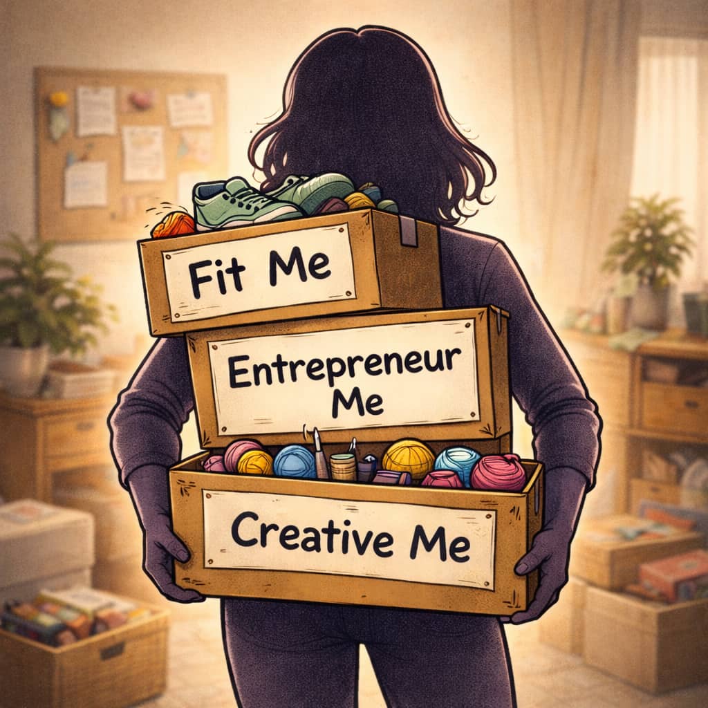 A silhouette holding boxes labeled Fit Me, Entrepreneur Me, and Creative Me.