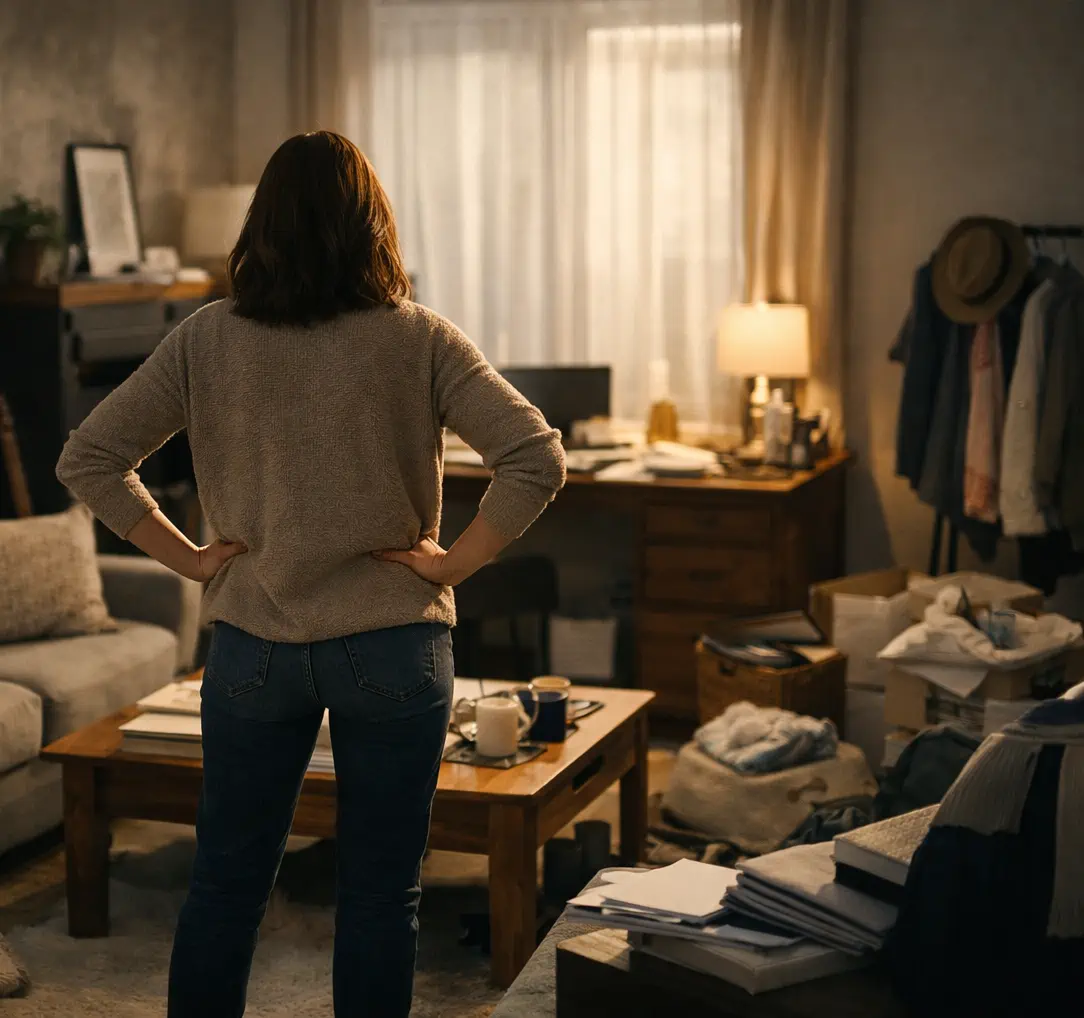 A calm room with a subtle sense of overwhelm: tidy surfaces but mental weight in the atmosphere.